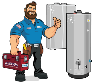 Johnson mascot in front of a newly installed water heater in Greenwood