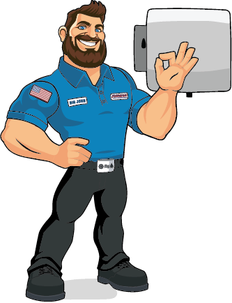 Big John, the Johnson mascot, beside a wall-mounted HVAC unit