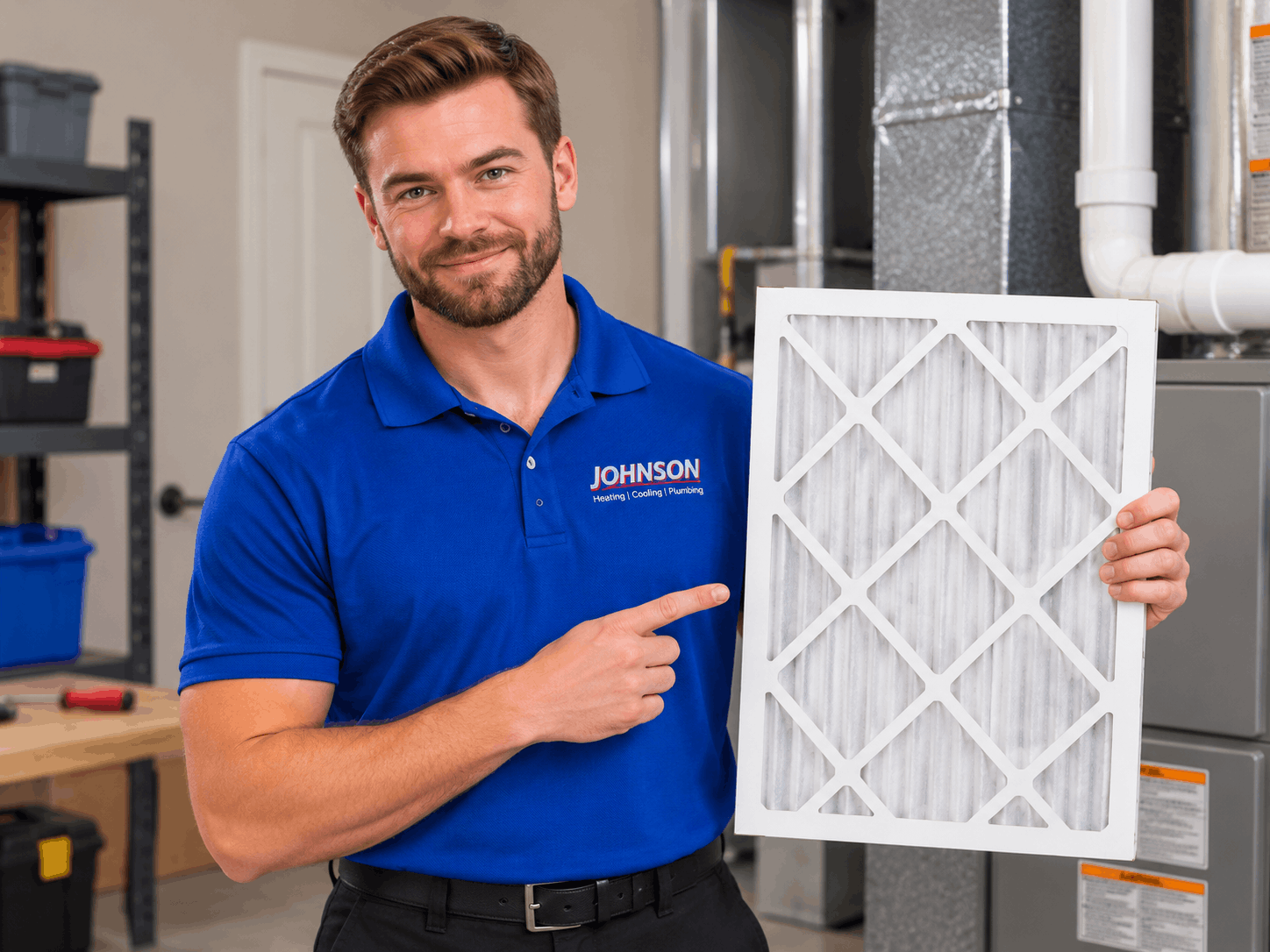 Technician in a hard hat holding up a clean pleated HVAC air filter